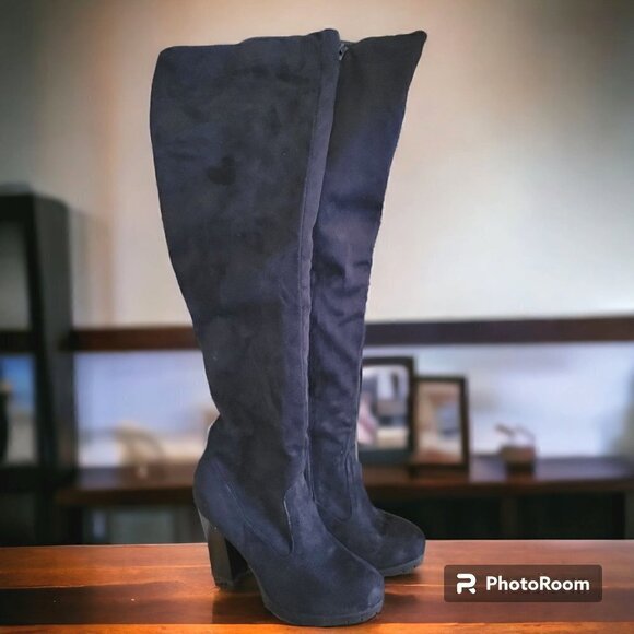 Bamboo Black Gaby-12 Over-the-Knee Chunky  Boot Faux Suede- US 10 - Picture 1 of 13